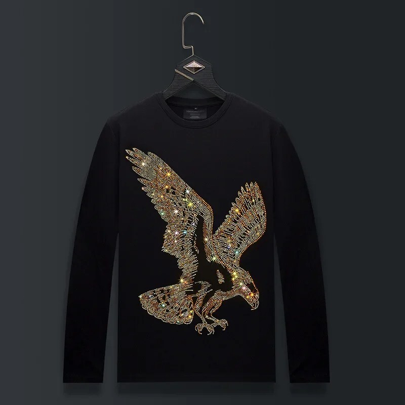 Fashion Eagle Trend Rhinestone Long Sleeve Luxury  Men T-Shirt Plus Size 6XL