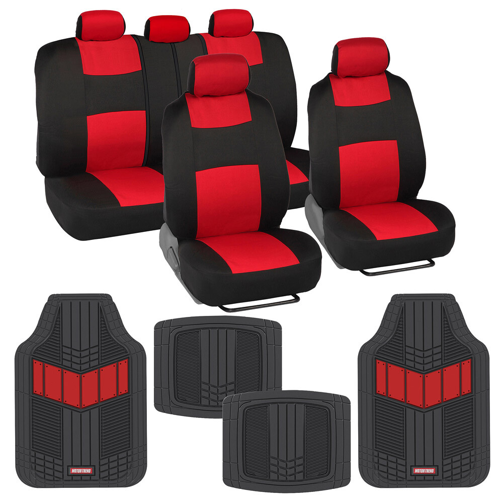 Red Two-Tone Full Seat Cover Set with Heavy-Duty Rubber Floor Mats for Cars, Trucks, and SUVs