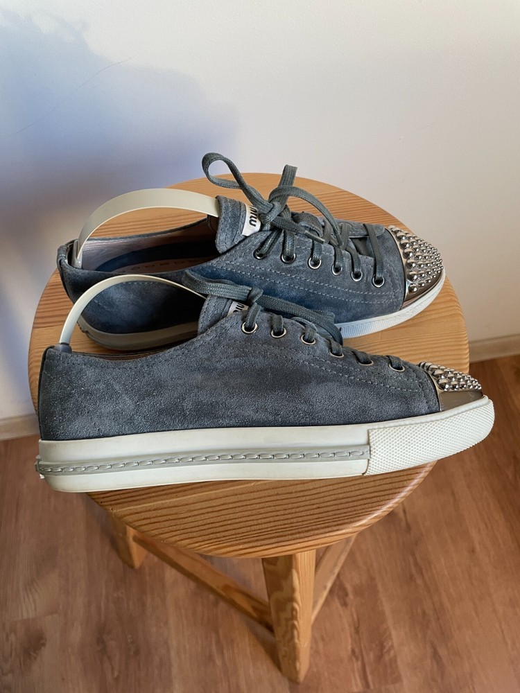 Miu Miu Grey Suede Studded Cap Toe Sneakers Women Size 37.5