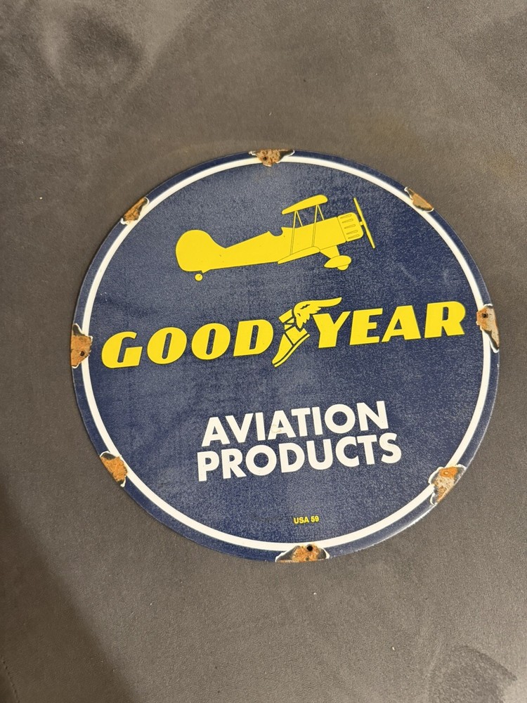 VINTAGE Goodyear Porcelain Sign Aviation Tires Rubber PRODUCTS AUTOMOBILE PARTS