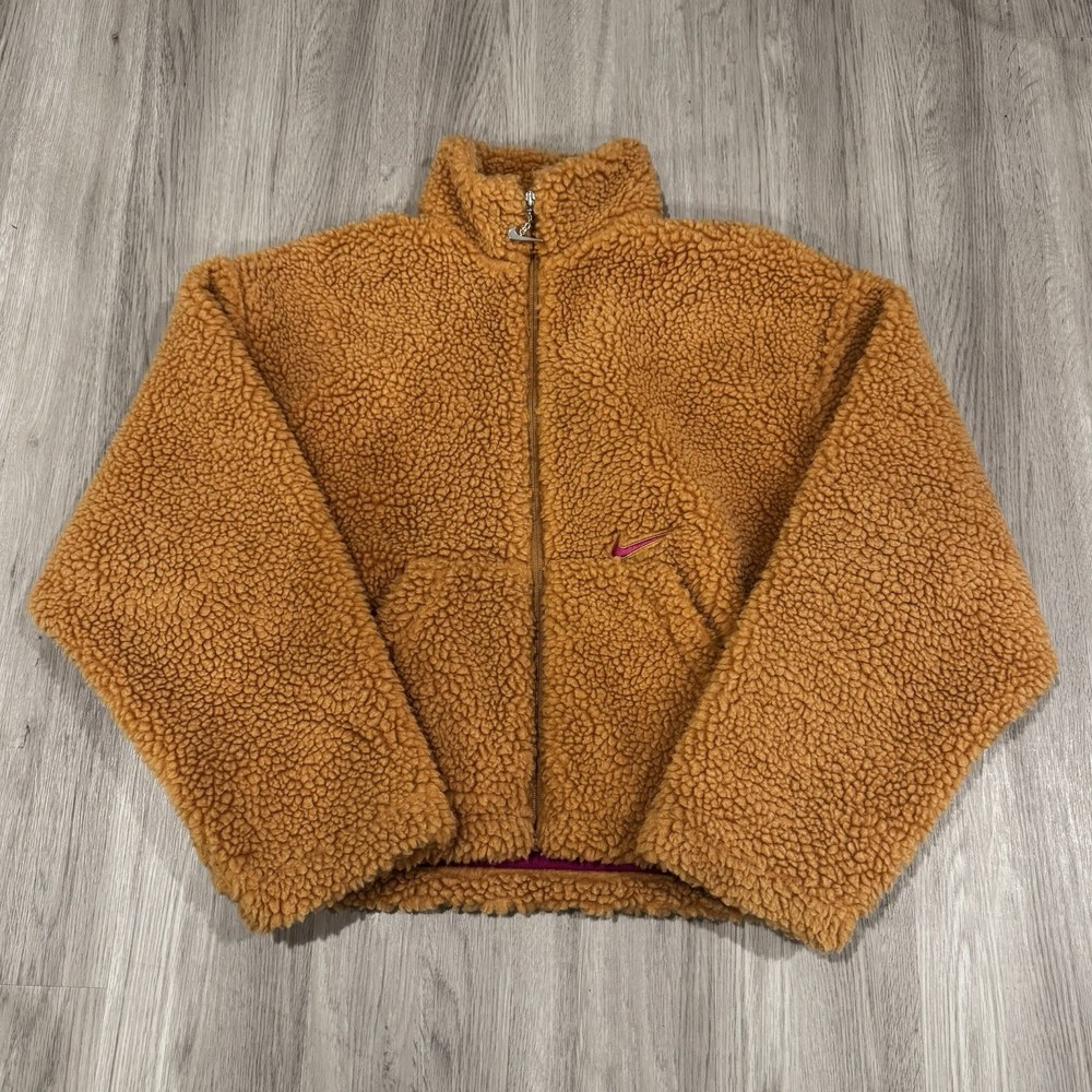 Nike Jacket Womens Large Tan Deep Pile Swoosh Fleece Sherpa Full Zip Cropped