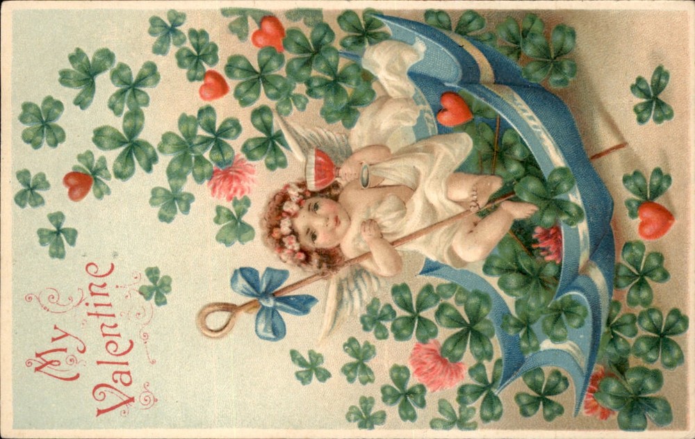 Valentine Cupid Toasts Wine Glass Clover Hearts Embossed Vintage Postcard