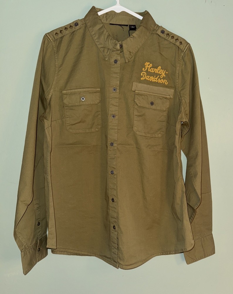 Harley-Davidson Womens Olive Green Stud Denim Shirt XL NWOT Vintage Biker Style