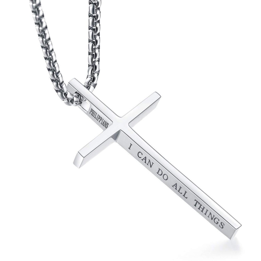 Men Women Cross Necklace Boy Stainless Steel Christian STRENGTH Pendant Chain