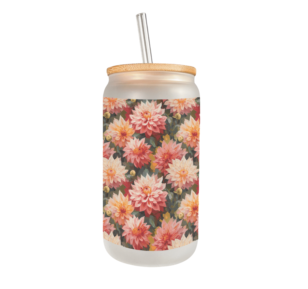 Dahlia Glass Can 16 Oz – Floral Frosted Tumbler with Lid, Custom Name Gift Cup