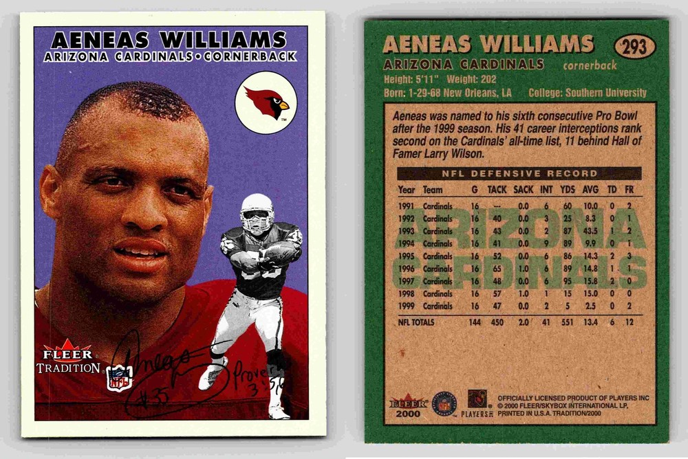 Aeneas Williams Arizona Cardinals Cornerback Fleer 2000 Card 293 Memorabilia