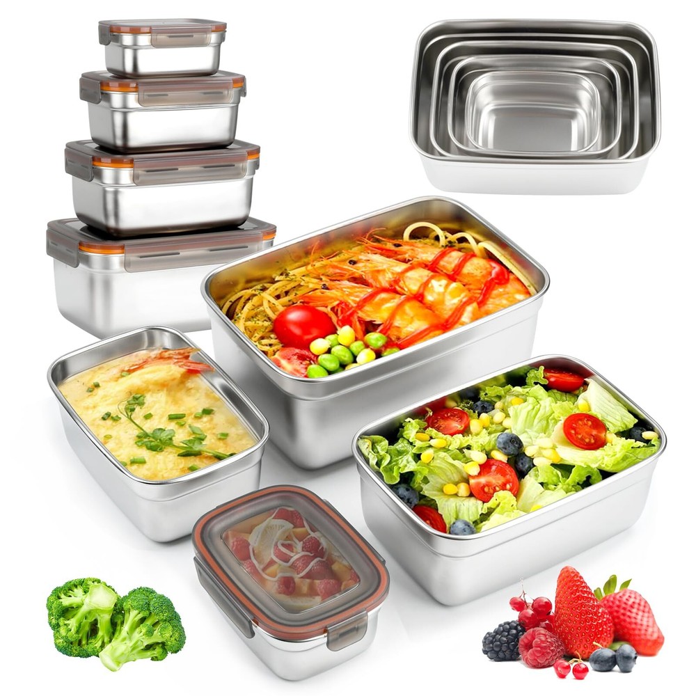 4 Pack Food Storage Containers with Lids, Stainless Steel Fridge Storage Cont...
