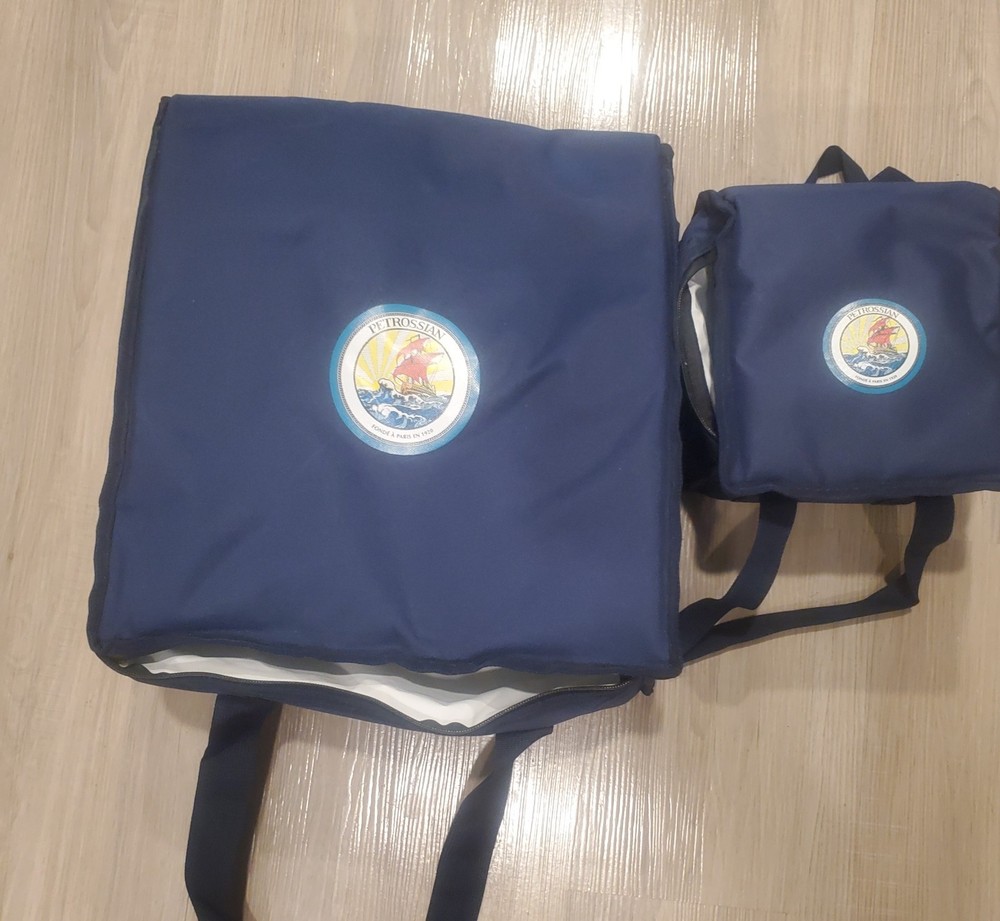 2 Petrossian Caviar Cooler Bags - Large & Small Insulated Picnic Tote Set - Blue