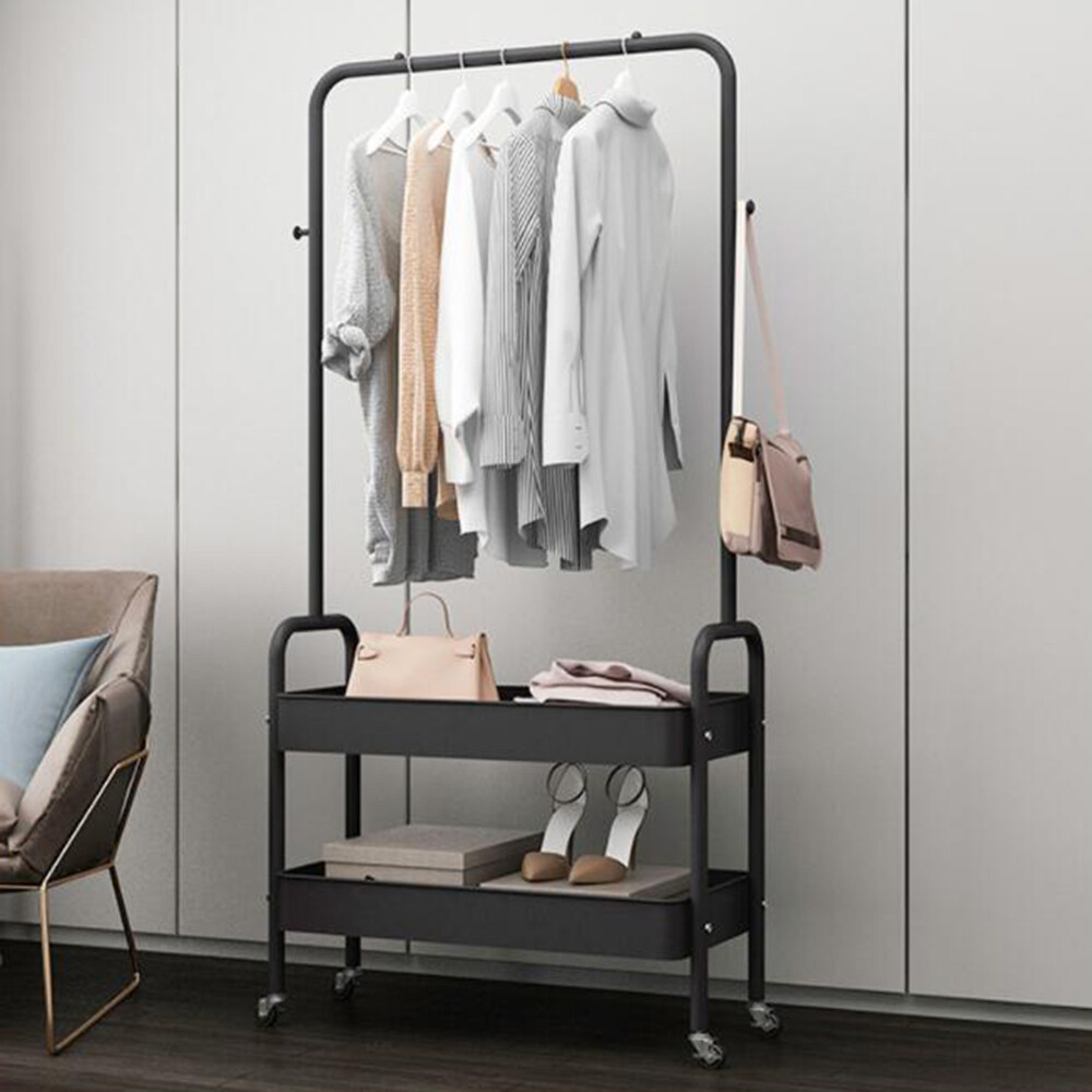 Portable Rolling Garment Rack with 2 Metal Baskets for Retail or Home