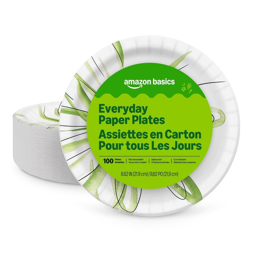 Amazon Basics Everyday Disposable Paper Plates, 8.62 Inch, Microwave-Safe, Cut