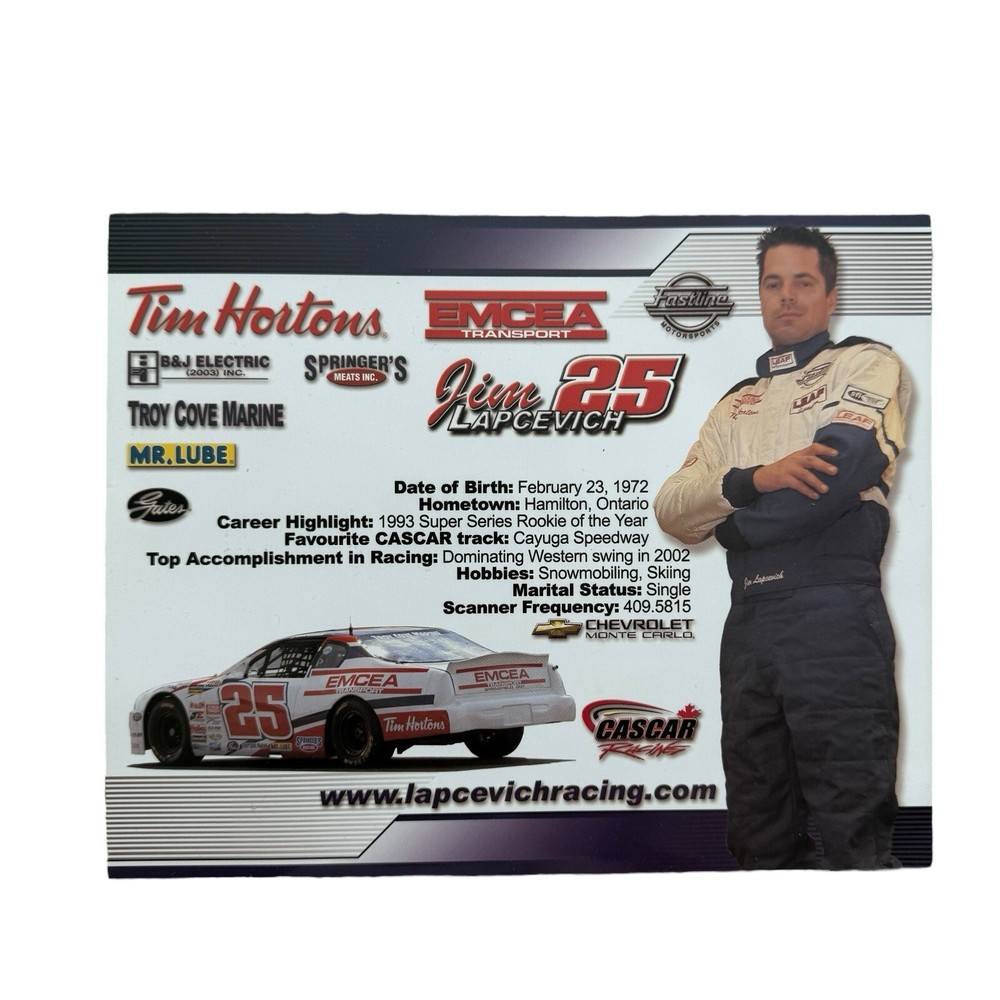 Autographed Jim Lapcevich CASCAR Tim Hortons Chevy Monte Carlo Poster