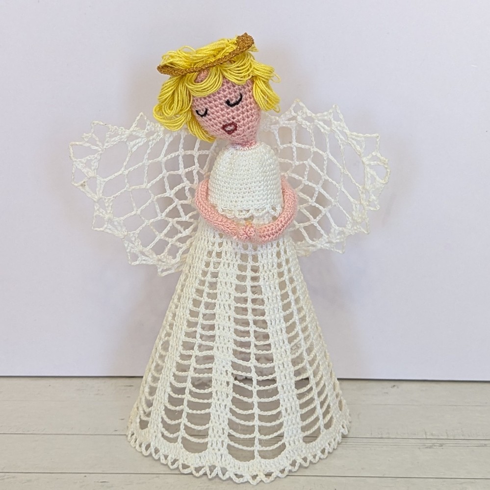 Vtg Crocheted White Lace Handmade Angel Christmas Tree Topper Halo Praying Hands