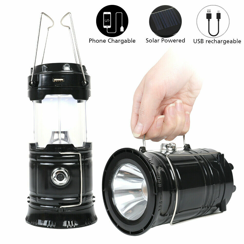 USB Solar Portable LED Flashlight Rechargeable Camping Tent Light Lantern Lamp