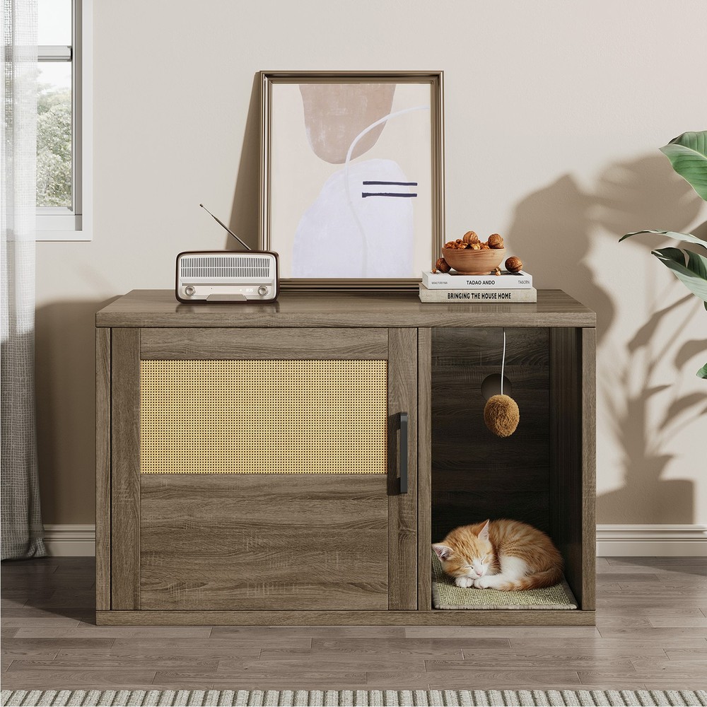 Cat Litter Box Enclosure Furniture Cat House Side End Table with Scratching Pad