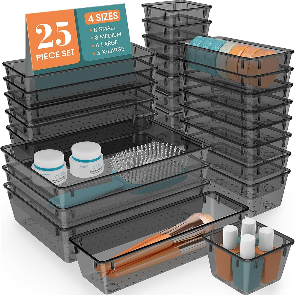 25-Piece Plastic Drawer Organizer Set for Desk Storage and Clutter Control