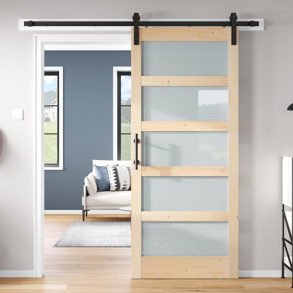 36x84 Inch Glass Sliding Barn Door with 6.6ft Hardware Kit, 5-Panel Frosted Design