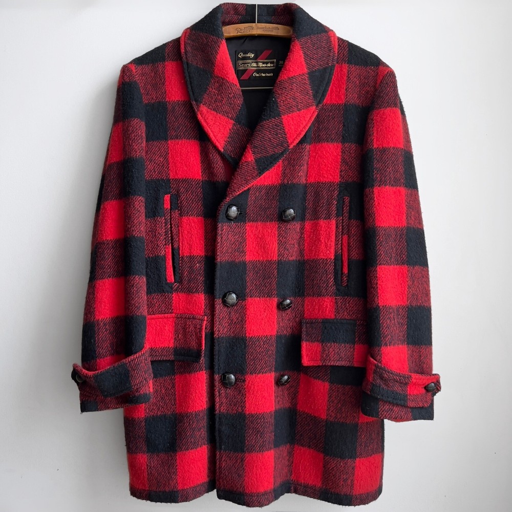 Vintage 1960s Sears Red Black Plaid Heavy Wool Peacoat for Men