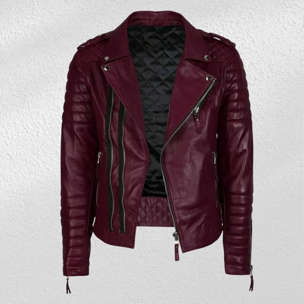 Men's Stylish Red Lambskin Leather Biker Jacket Soft Genuine Motorcycle Coat