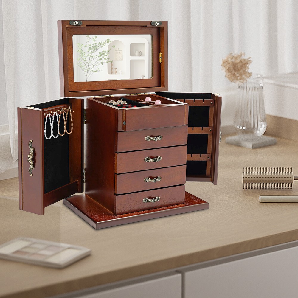 Vintage Desktop Wood 4 Drawers Jewelry Storage Box Dresser Watch Rings Organizer