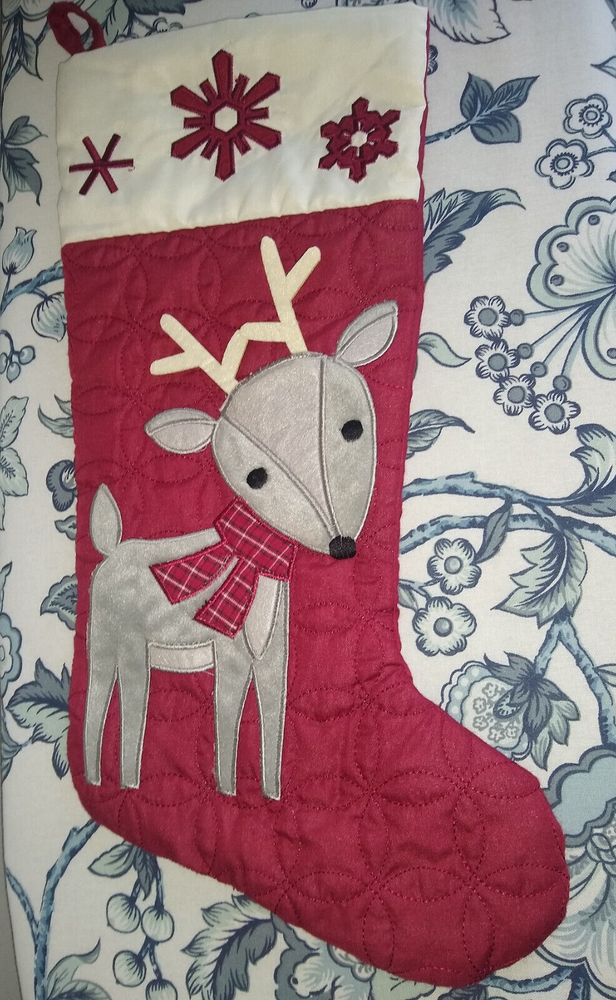 Seasonal Burgundy Christmas Stocking with Gray Reindeer Design Quilted 17 Inches-image