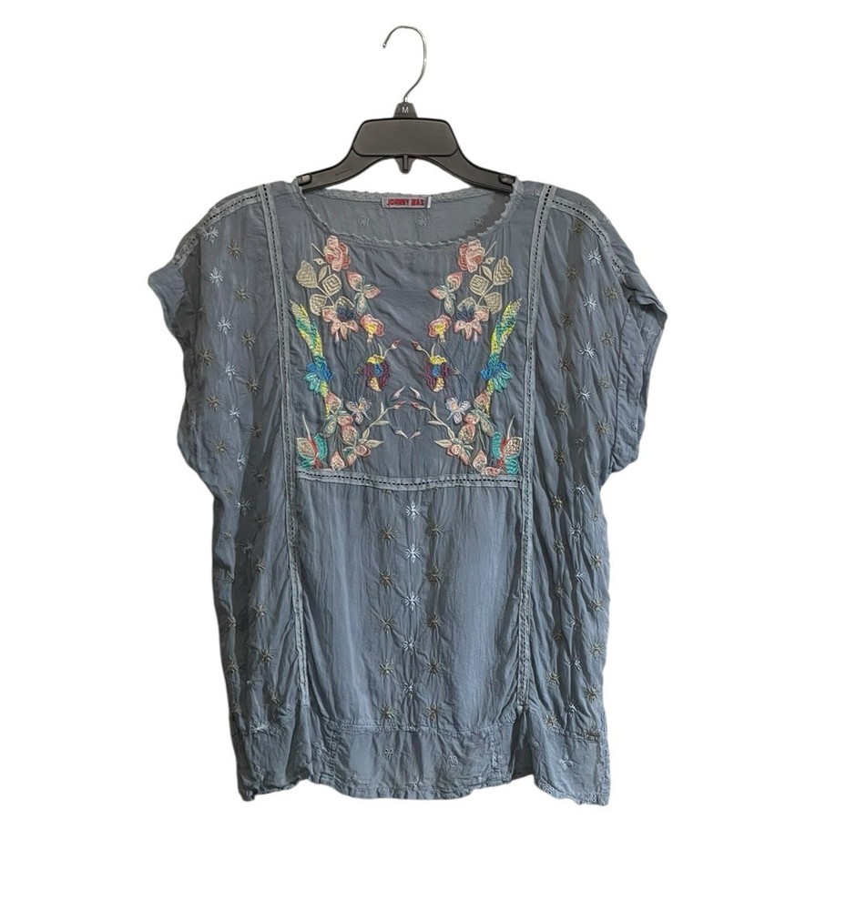 Johnny Was Blouse Small Blue Embroidered Floral Crochet S/S Boho Cottagecore