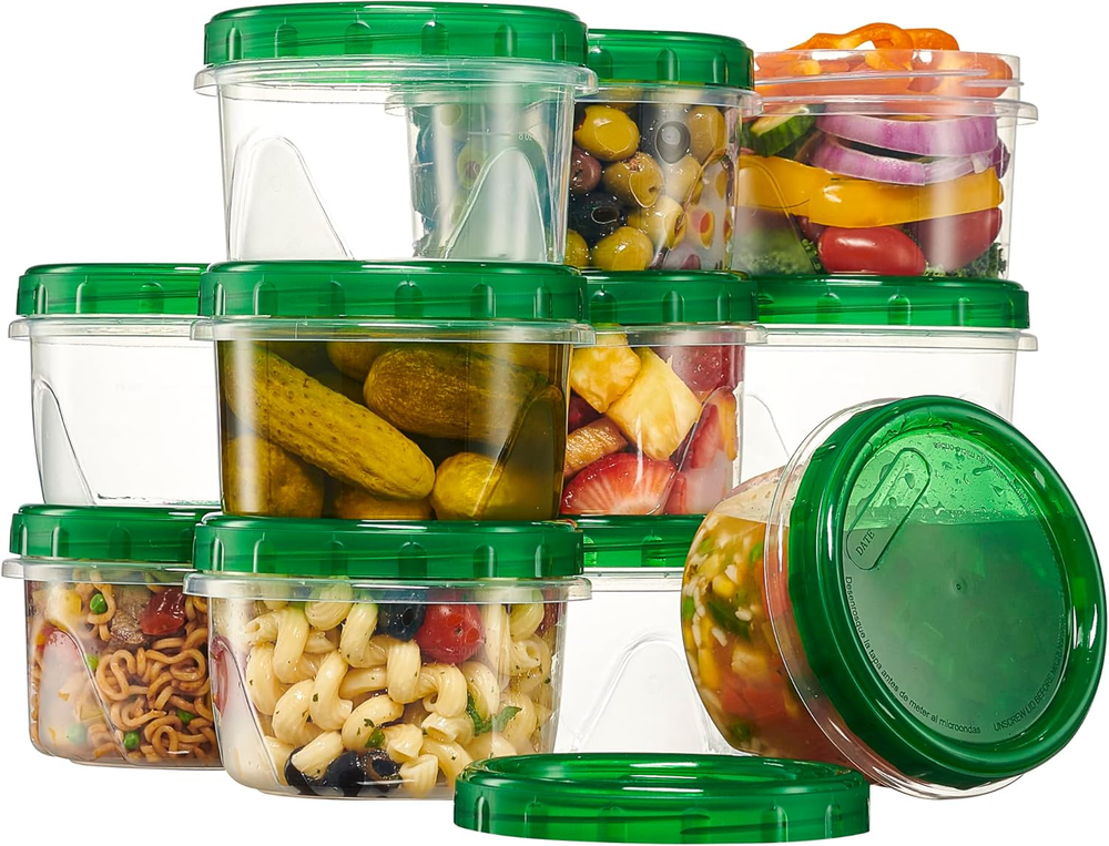 12 Pack 16 Oz Reusable Twist Cap Food Storage Containers with Green Lids