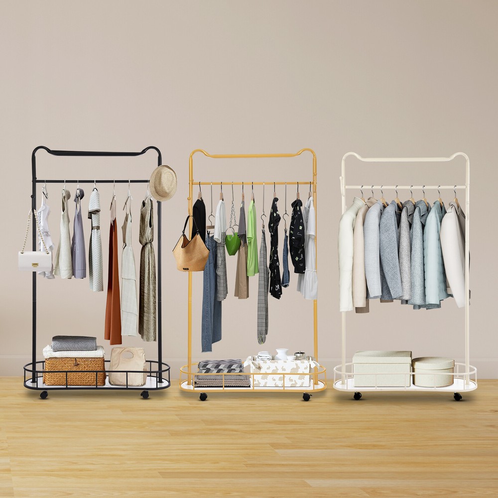 Movable Clothes Rack with Storage Basket Free Standing Coat Organizer