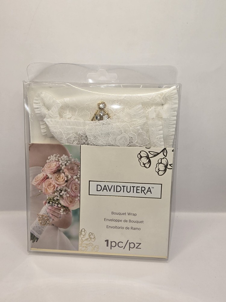 Davidtutera Wedding Bridal Bouquet Wrap White Lace w/ Gold Bead & Rhinestones