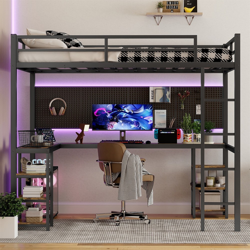 Full XL Loft Bed with Desk Storage Shelves Ladder Metal Frame-image