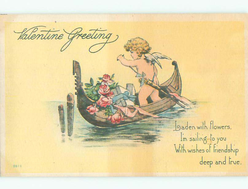 Valentine's Day Pre-Linen Card Cupid Rows Boat with Gifts Flowers J0627 60k