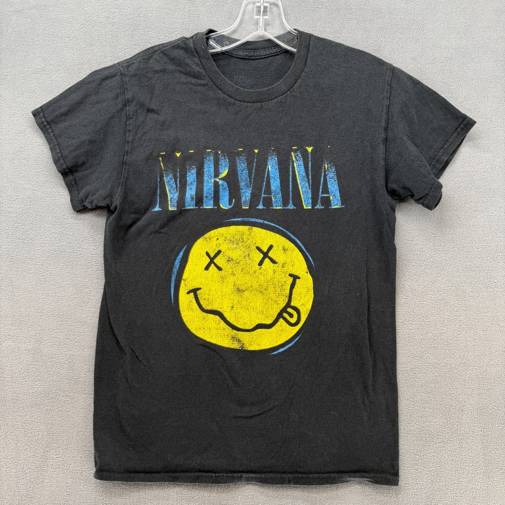 Nirvana T-Shirt Unisex Small Black Short Sleeve Smiley Face Band Logo Graphic