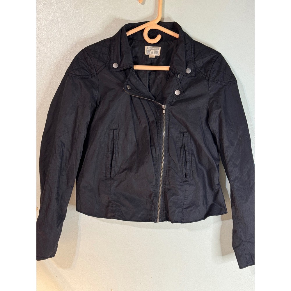 Converse One Star Moto Jacket L Black Zip Biker Style Quilted Shoulder Target