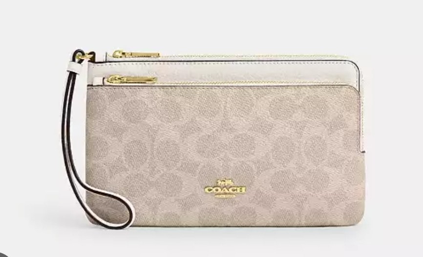 Coach Double Zip Wallet in Signature Canvas - Gold Sand Chalk NWT