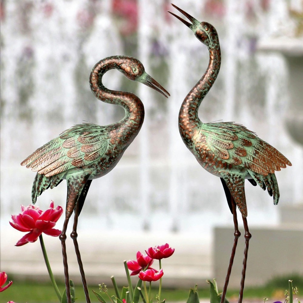 Blue Heron Metal Garden Statues Outdoor Crane Decor Sculptures
