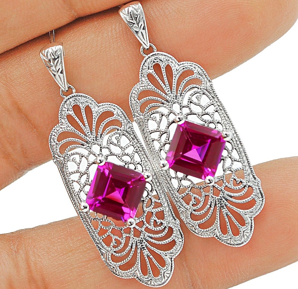 4CT Treated Pink Sapphire 925 Sterling Silver  Earrings UM258