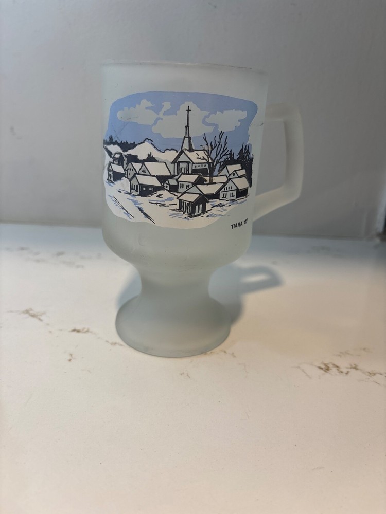 Tiara '87 Frosted Footed Cup Mug Blue Winter Town Scene Indiana Glass Vintage