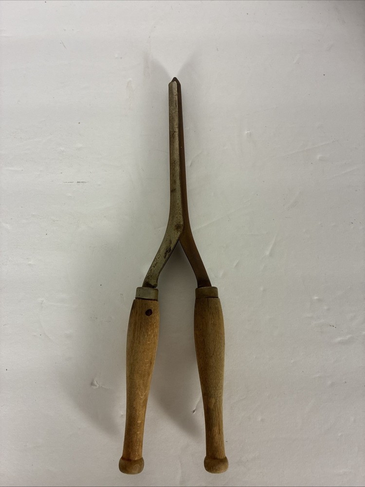 Antique Vintage Women's Hair Curler Curling Iron Steel w Wood Handles Primitive