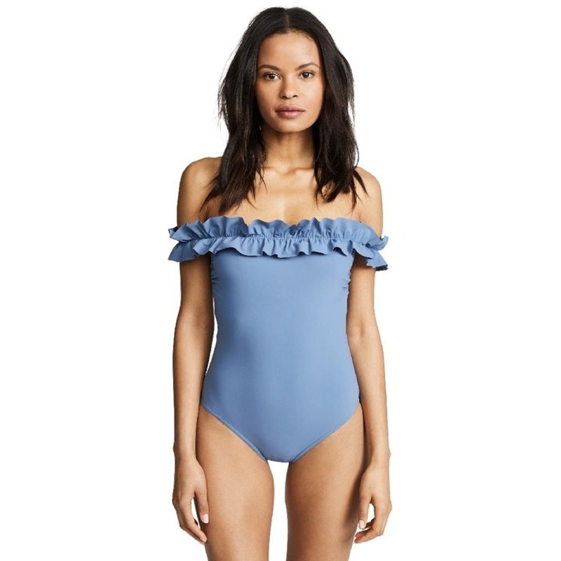 Karla Colletto Mondria Off Shoulder Denim Blue One Piece Swimsuit Size 6