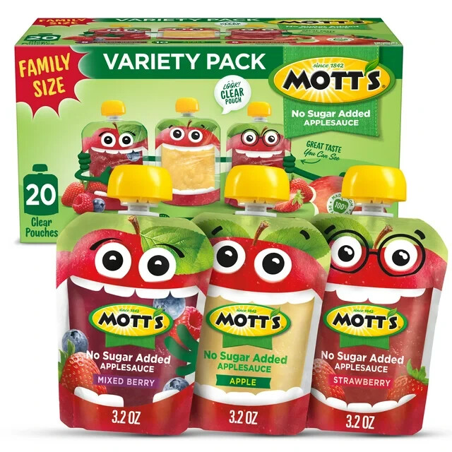 20 PACK Mott’s No Sugar Added Variety Applesauce Pouch, 3.2 oz Each