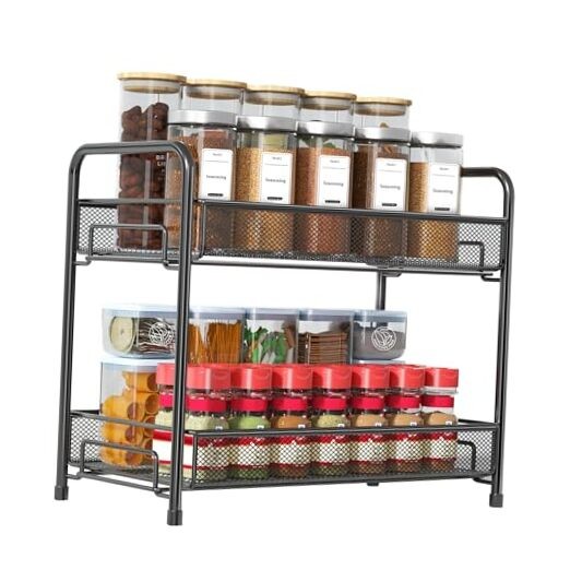 Spice Rack Organizer for Countertop, 2-Tier Foldable Metal Rust Black-1 pack