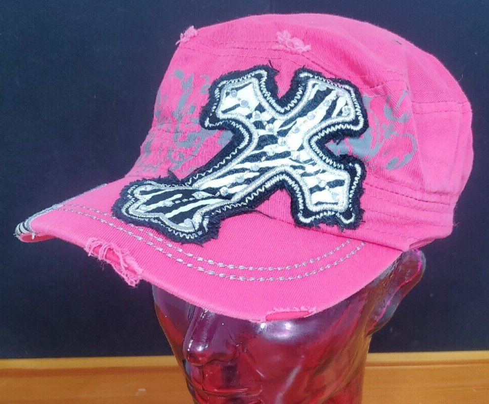 Short brim pink Cadet hat/cap with rhinestone cross patch distressed flex fit