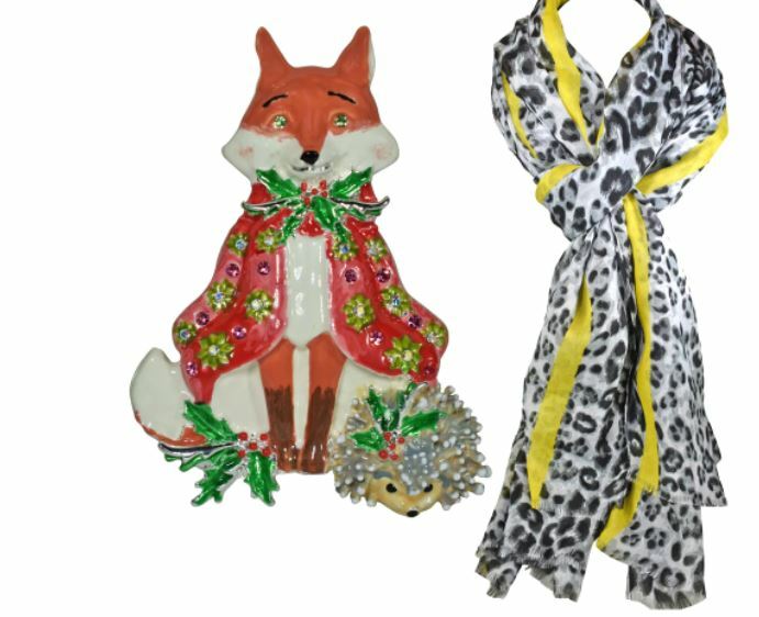 Kirks Folly Fox & Friend Pin Brooch Pendant Plus Snow Leopard Scarf ST