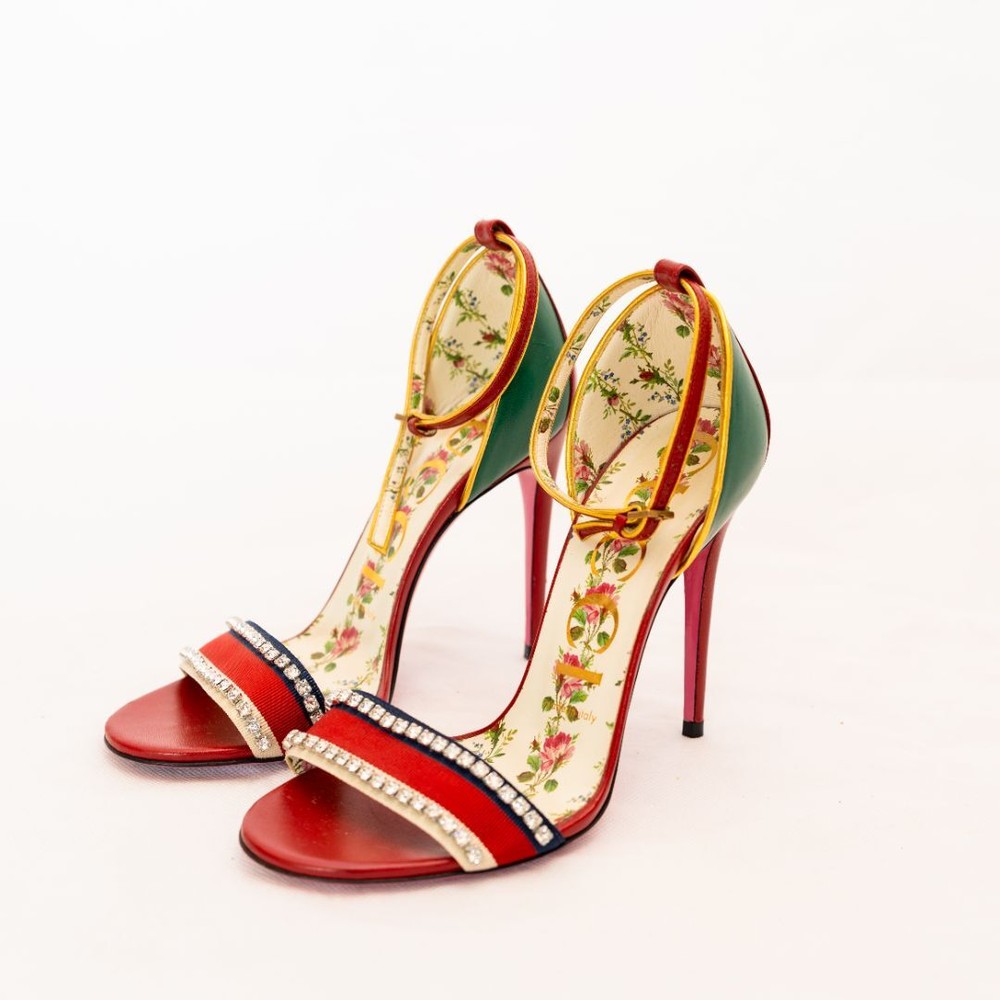 Gucci Pink Leather Crystal Web Sandals Size 36.5