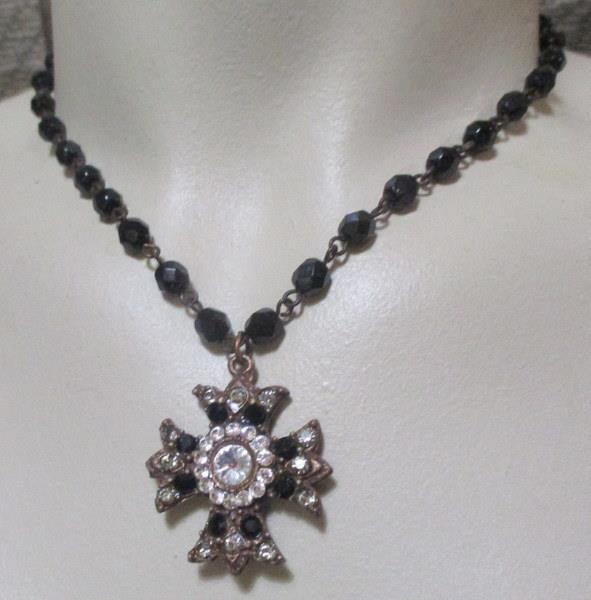 Seasonal Whispers Rhinestone Cross Black Faceted Glass Necklace-image