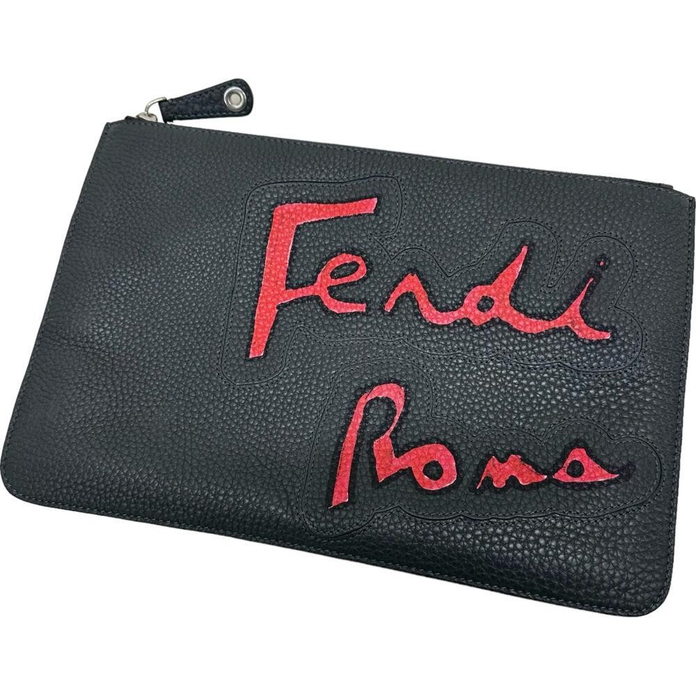FENDI 7N0078 Gray Red Leather Clutch Bag for Men Rare