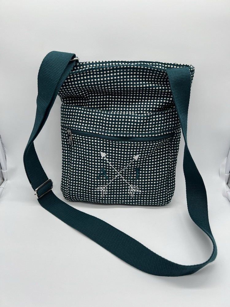 Thirty-One  Teal & Cream Check Pattern Fabric Crossbody/ Shoulder Bag