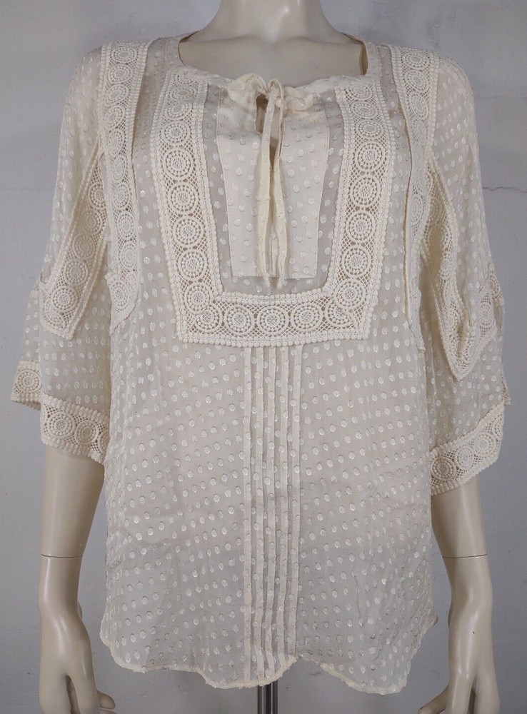 Meadow Rue Ivory Silk Polka Dot Crochet Lace Blouse Size Medium
