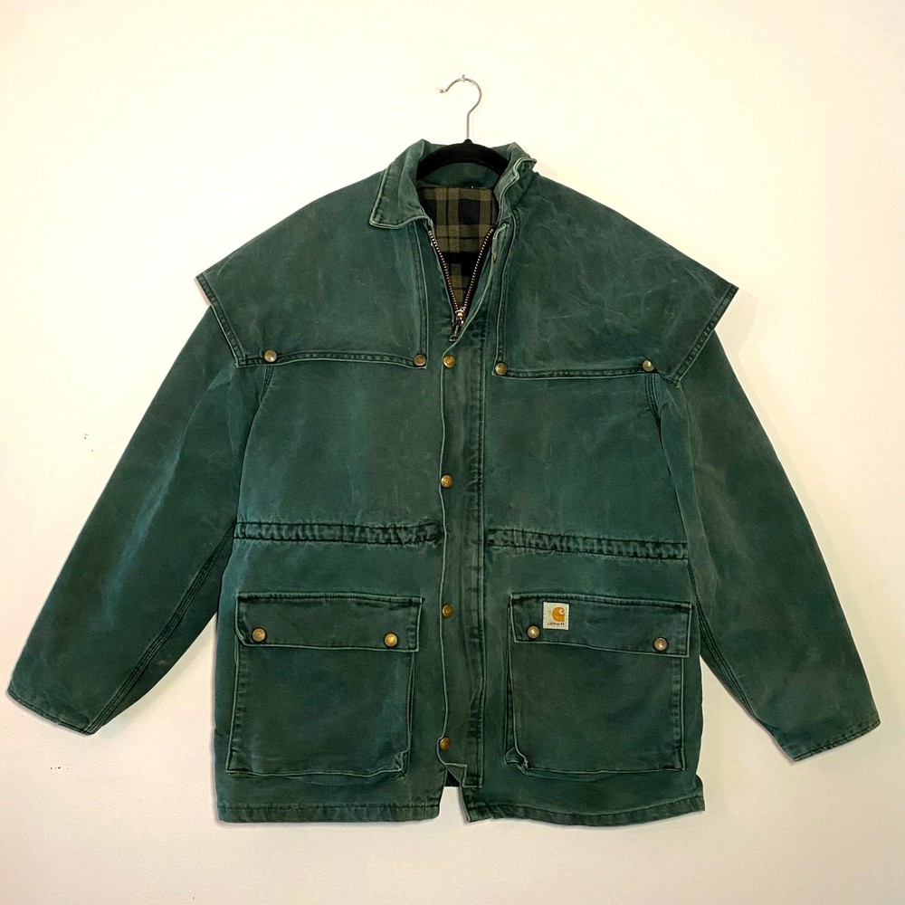 Carhartt Vintage Cape Chore Coat Green Canvas Cotton Front Snap Zip Men's Large