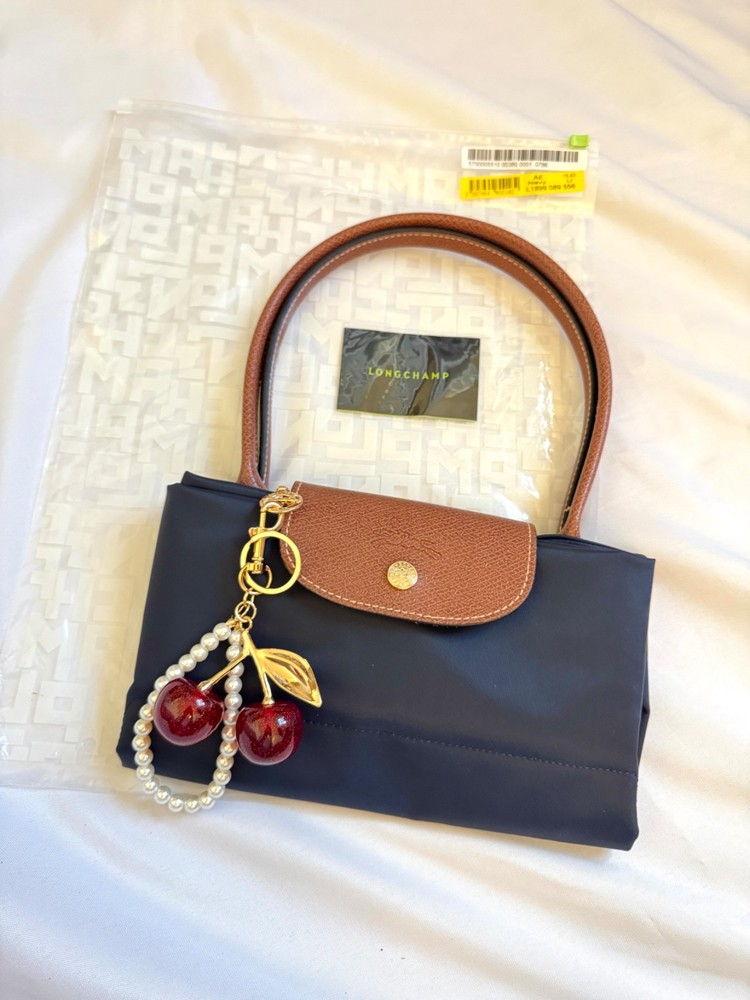 LONGCHAMP Le Pliage Original Tote Large Shoulder Bag Navy With Cherry Charm