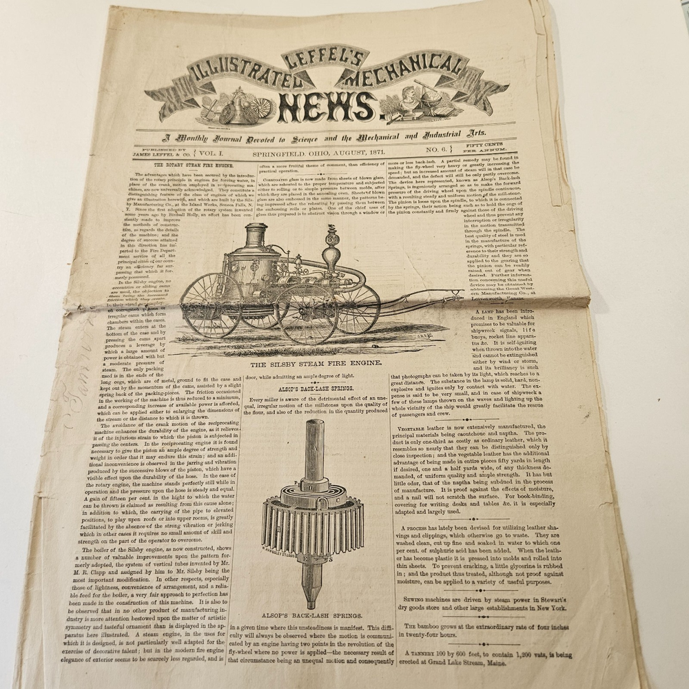 1871 Leffel's Mechanical News Rotary Steam Fire Engine Vol 1 #6 Rare